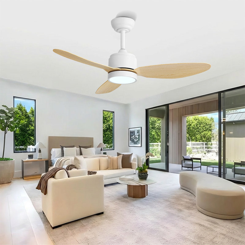 Ventilateur de plafond 42 pouces 3 pales en ABS pour l'intérieur et l'extérieur avec DEL intégrée et télécommande, grain de bois blanc et naturel