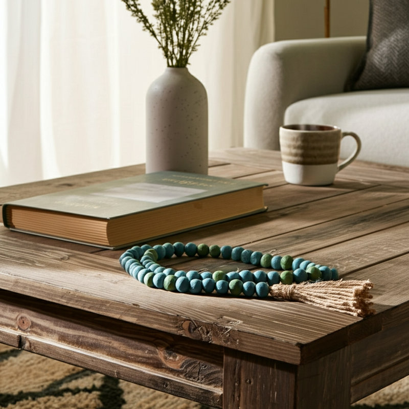 Barri Wood and Jute Decorative Bead Strand with Woven Texture and Tassel Detail Featuring Rustic Design and Contemporary Accents for Versatile Styling in Modern or Traditional Settings