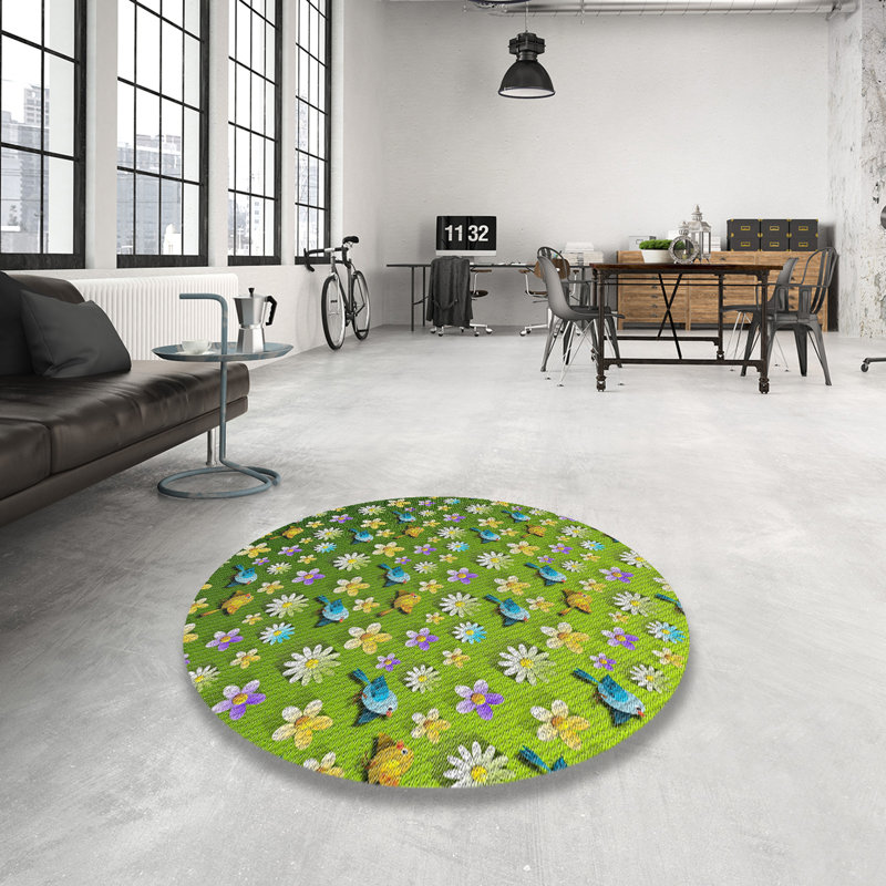 Tapis vert/jaune à motifs, Rond 4 pi