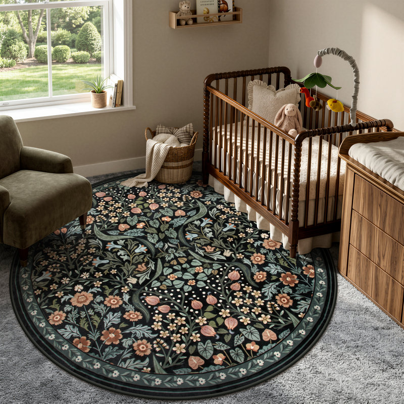 Tapis lavable à motif floral Kaldi, Rond 6 pi, Noir