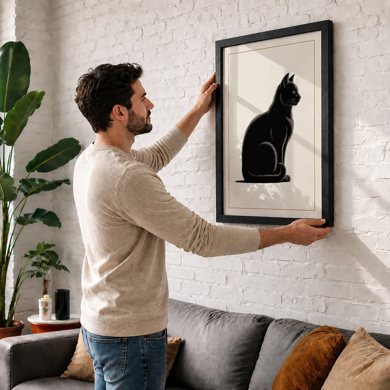 Silent Black Cat Minimalist - Print, Oak, A4 - 29.7 x 21.0 cm