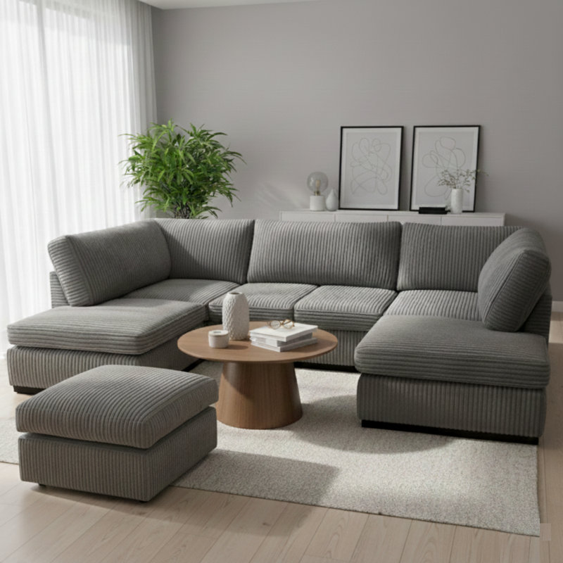 7 Seater Corduroy Corner Sofa, Grey