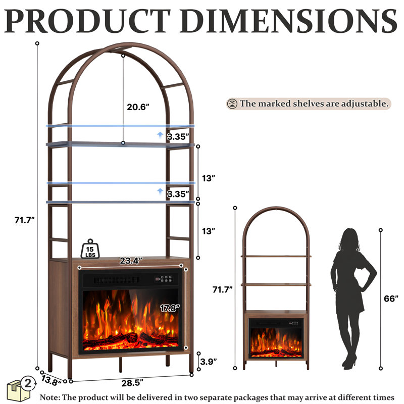 72" Arched Fireplace Bookshelf with Adjustable Shelves, Tall Media Cabinet, Brown