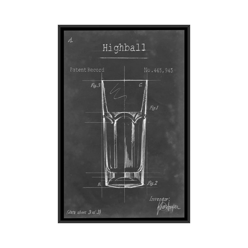 «Barware Blueprint II», impression sur toile, H 26 po x l 18 po x P 1,5 po, Toile avec cadre noir, Pas de tapis