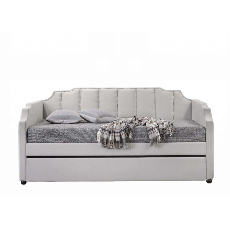 Peridot Dove Gray Velvet Daybed with Trundle, Arched Design and Horizontal Tufting for Elegant Comfort and Space Efficiency