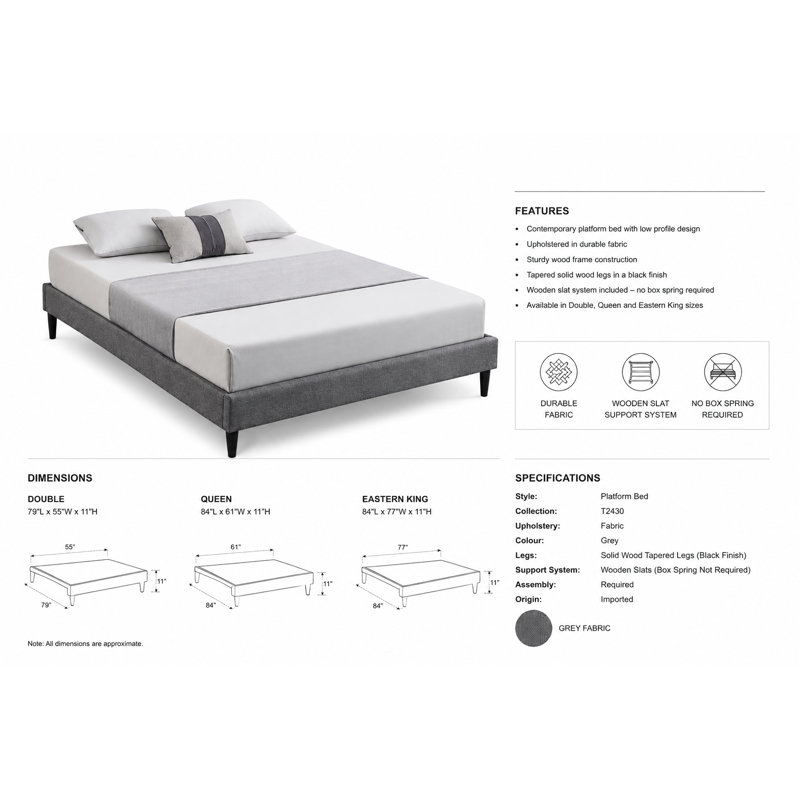 Lit plateforme tapissier à profil bas avec garniture en lin, aucun sommier requis, base de lit moderne minimaliste, très grand