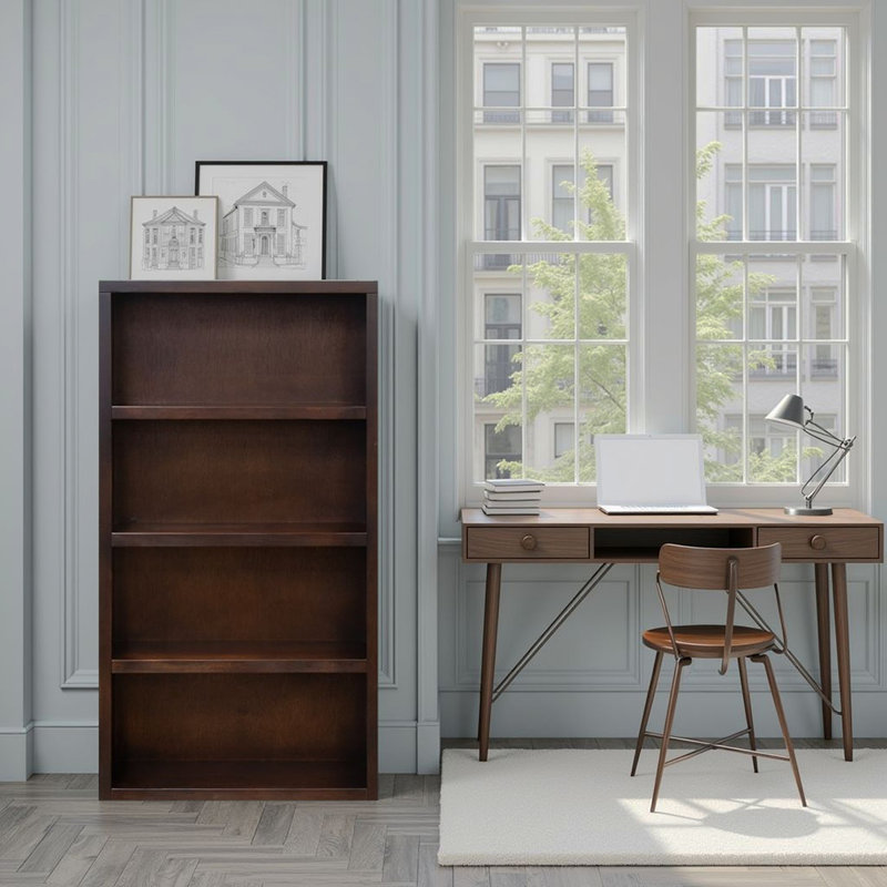 Radiance 60 Inch High Bookshelf, No Assembly Required, Rosewood Finish, (4 Shelves) 60" H x 30" W x 12" D, Walnut