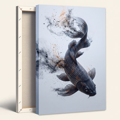 Black And Copper Koi Fish Dissolving Into Ink Particles Canvas Wall Art