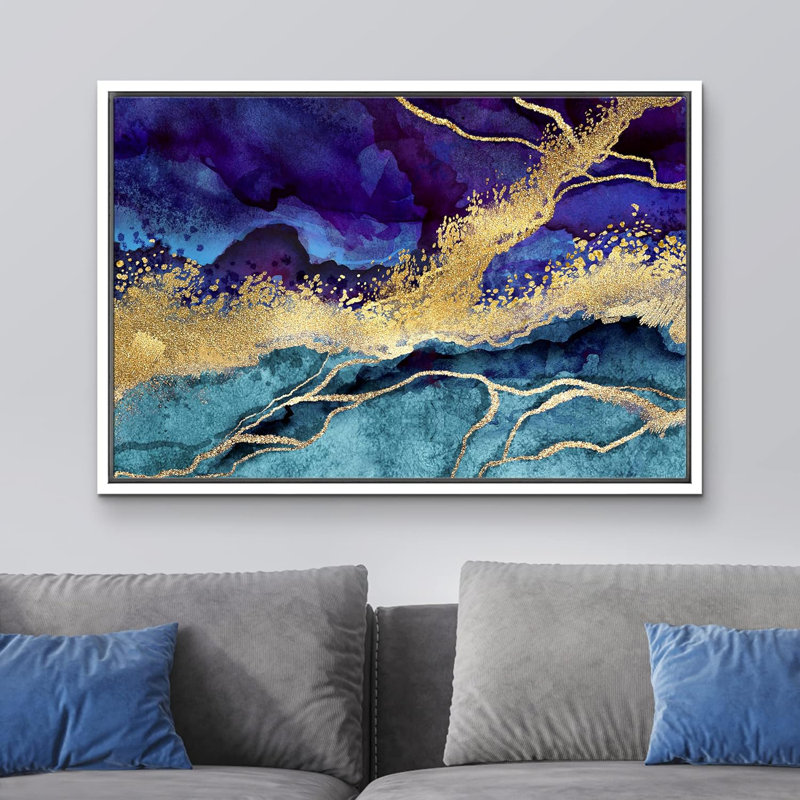 Mauve, or, sarcelle, marbre, paysage, formes abstraites, moderne, sur toile, Cadre flottant blanc