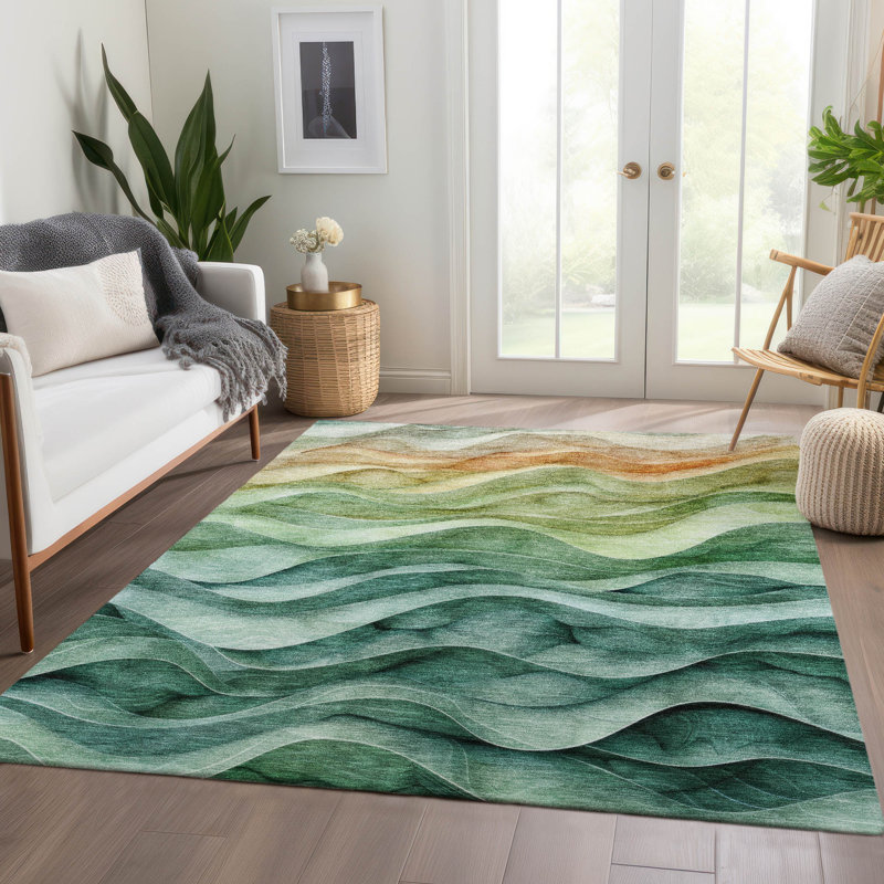 Teal and Green Wave Pattern Washable Synthetic Rug 8' x 10'