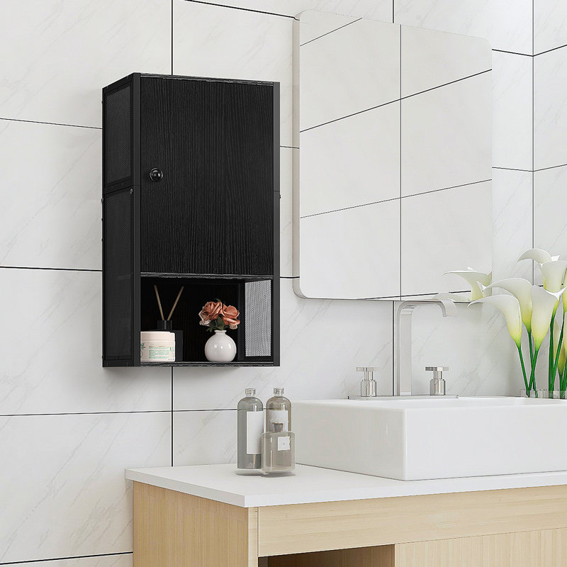 Black Wall Mounted Storage Cabinet Small Bathroom Cabinet With Door And Open Shelf