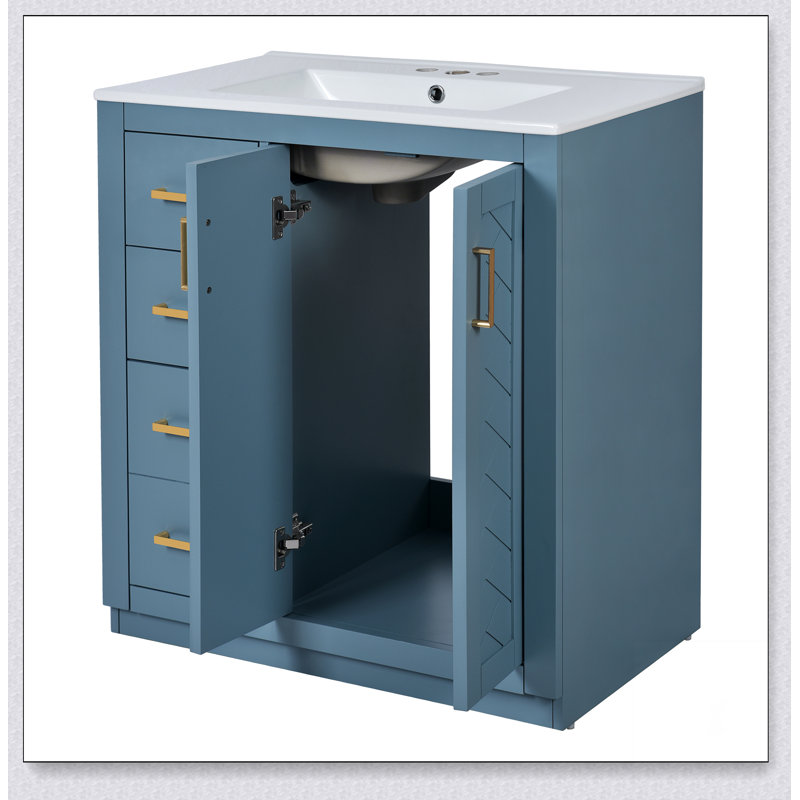 Ensemble de meuble-lavabo 30 po avec lavabo en céramique, armoire de rangement en bois massif, ensemble de meuble-lavabo autoportant avec 3 tiroirs et portes à fermeture douce