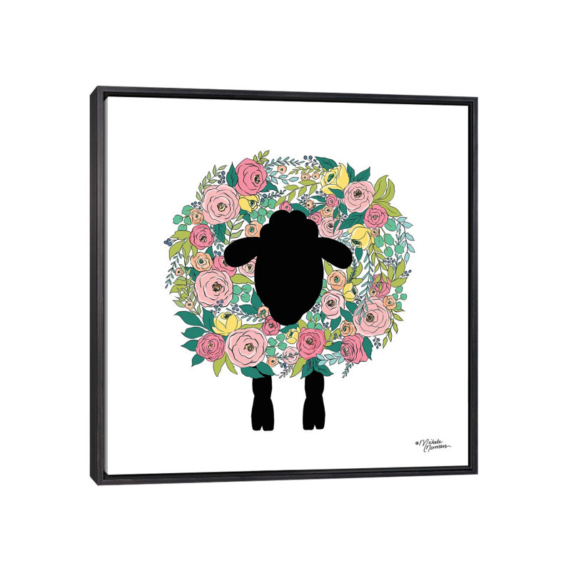 Floral Sheep par Michele Norman - impression d'art graphique, Toile avec cadre noir patiné, Pas de tapis
