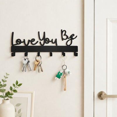 Wall Mounted Key Holder Rack Organizer with 6 Hooks Love You Bye Sign for Entryway Kitchen Hallway Office