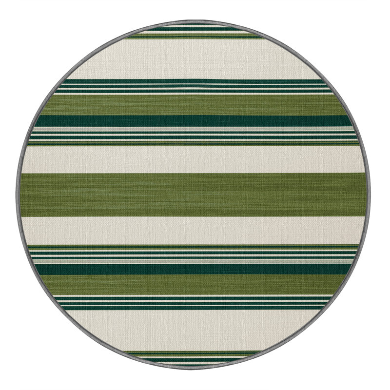 Washable Moss White Striped Area Rug, Round 8'