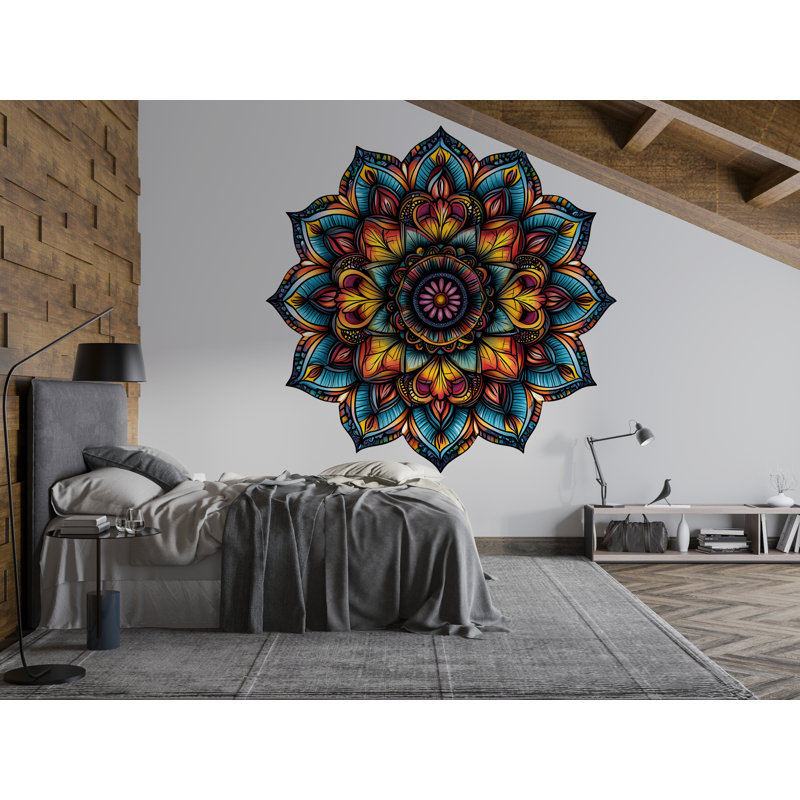 Adhésif décoratif mandala coloré - grand art mural décoratif de chambre à coucher Boho 027Mv, H 15 po x l 15 po