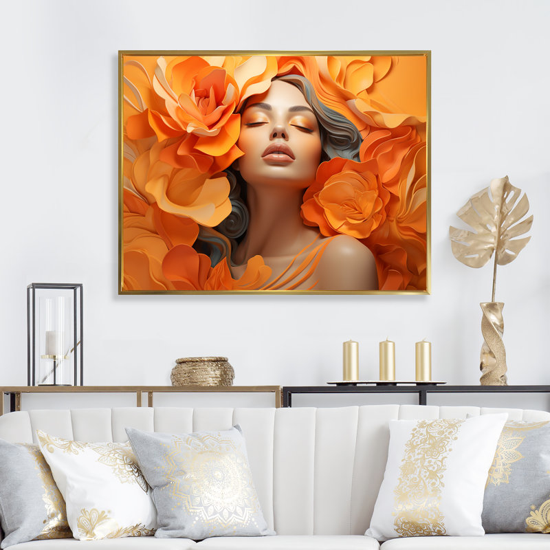 Portrait de femme orange avec fleurs Bloom I - art mural mode, Cadre flottant doré, H 30 po x l 40 po x P 1,5 po