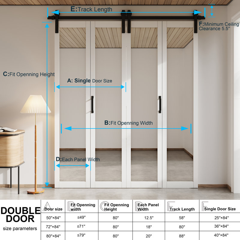 Top Mount Mirror Bi-Fold Sliding Double Barn Doors With Hardware Kit, 72" x 84"