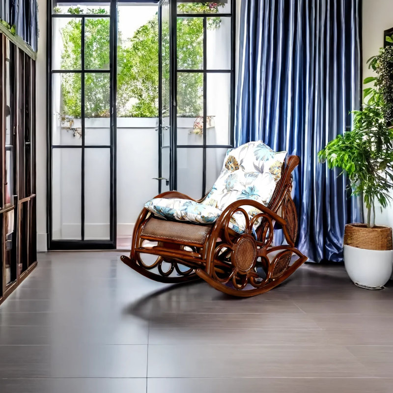 Chaise berçante élégante en rotin, Blanc / Bleu / brun foncé