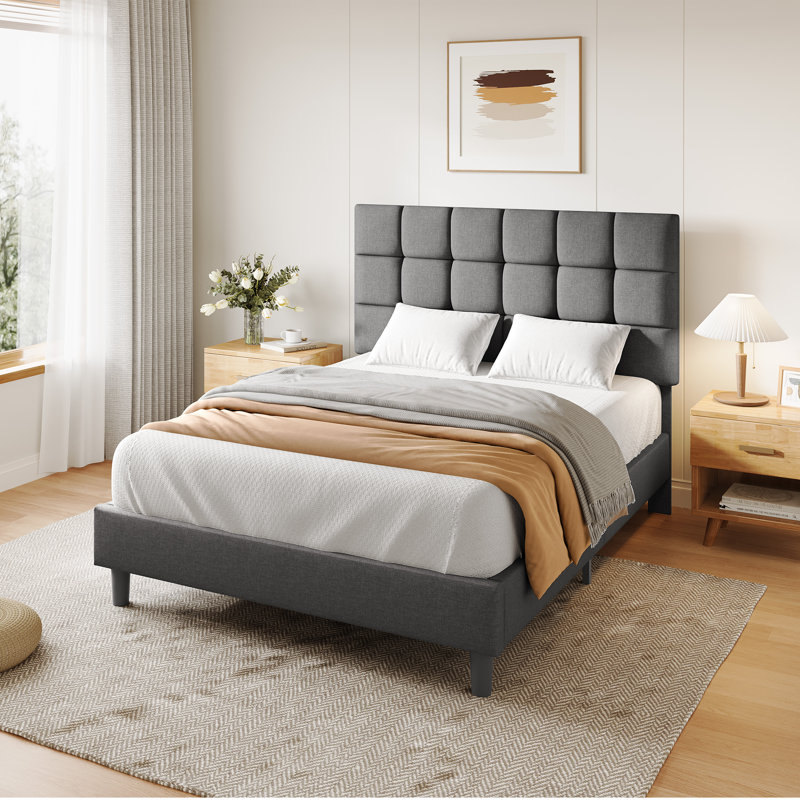 Size Modern Upholstered Bed Frame with Adjustable Square Tufted Headboard, Double (4'6), Light Grey