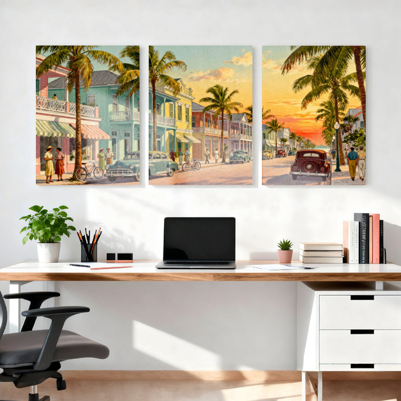 Ensemble de 3 toiles murales représentant une scène de rue tropicale avec palmiers et voitures anciennes, pour salon, chambre ou décoration intérieure.