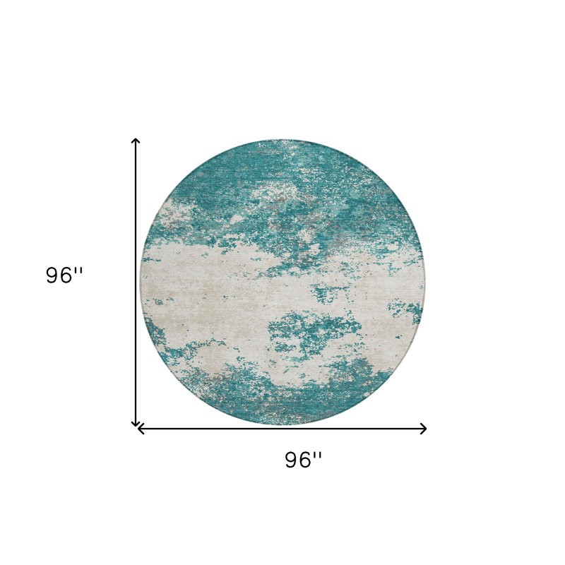 Tapis extérieur rond lavable abstrait bleu sarcelle ivoire et gris 8 pi