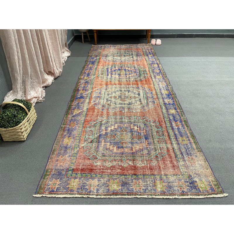 Tapis de couloir rétro en laine, motif géométrique rouge 1,6 x 4,2 pi