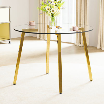 Modern Minimalist Transparent Glass Table, 42*42*29.5", With Golden Metal Legs, For Dining Room, Kitchen & Living Easy Assembly Tempered Table Frame, 42"X42"X29.5", Home Furnishing, Dining, And