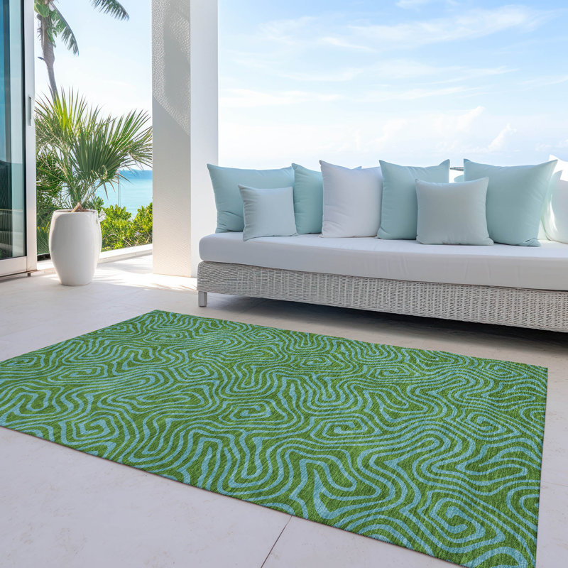 Green Flat Woven Rectangular Synthetic Washable Rug 3' x 5'