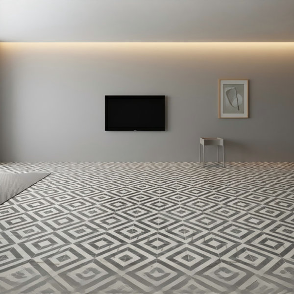 12X12 Inch Waterjet Marble Tiles In A Two-Color Combination Of White And Grey, Made From Polished Genuine Natural Marble For Floor And Wall Installation, 8 Tiles Per Box.
