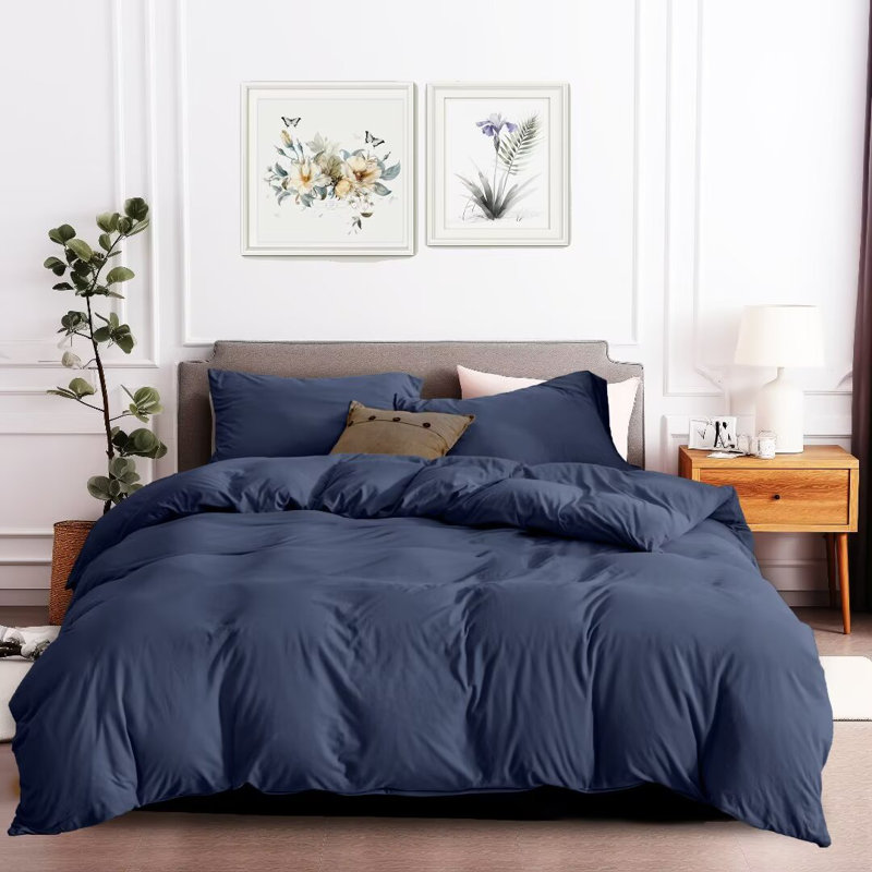 HOME BEDDING Jersey Cotton Duvet Cover Set, King Duvet Cover + 2 King Shams, Navy Blue