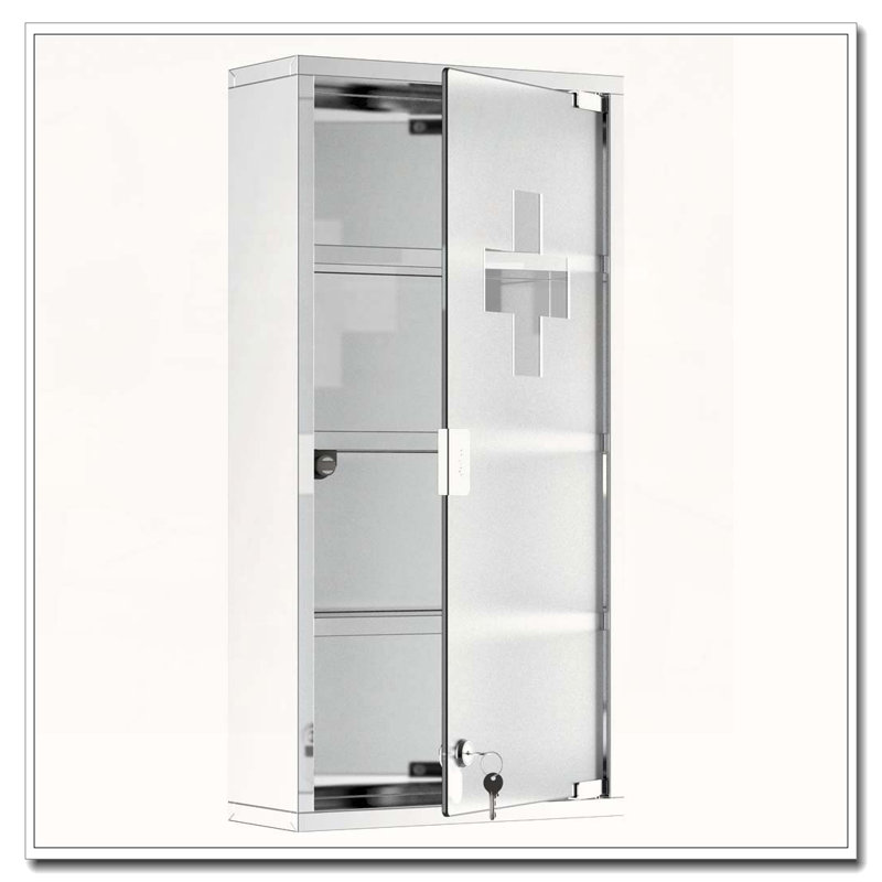Wall Mounted Medicine Cabinet Locking with 4 Tier Shelves Stainless Steel Frame and Glass Door