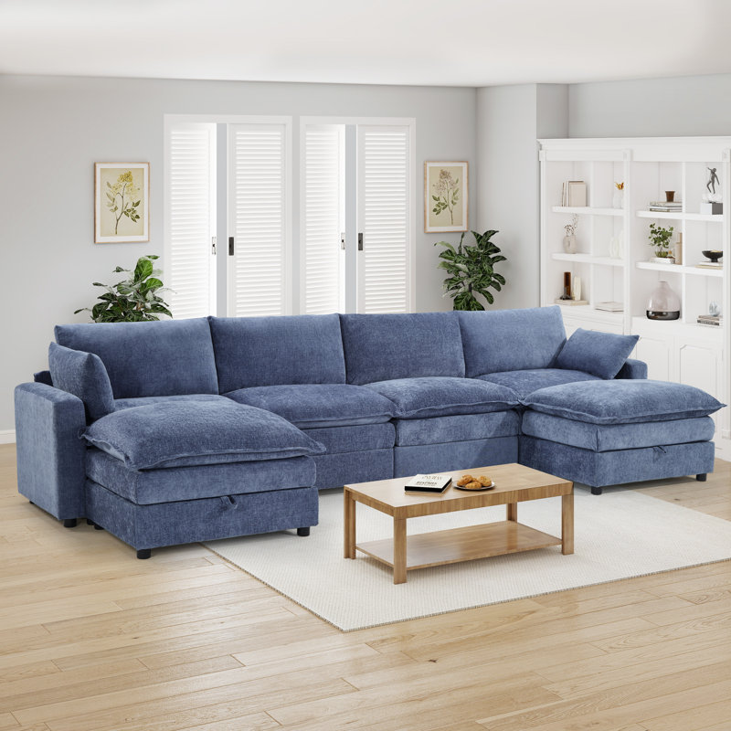 Ensemble modulaire 4 pièces en chenille avec 2 repose-pieds avec rangement, Chenille bleu
