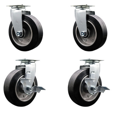 4 Piece Rubber on Aluminum Swivel Caster Set with Roller Bearing and Brake