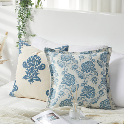 Ensemble de 2 housses de coussin à brindilles imprimées et brodées Lanyin 18 x 18 bleu blanc nordique Cottagecore