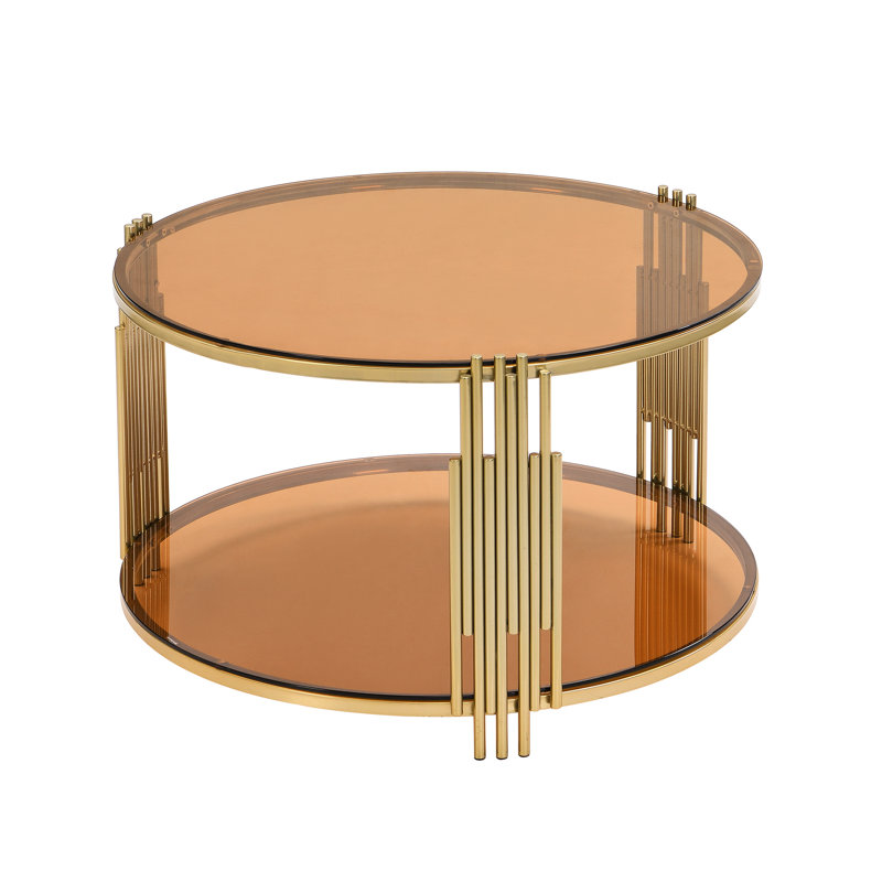 Table basse moderne moderne en métal et verre brun avec base dorée et tablette inférieure fonctionnelle