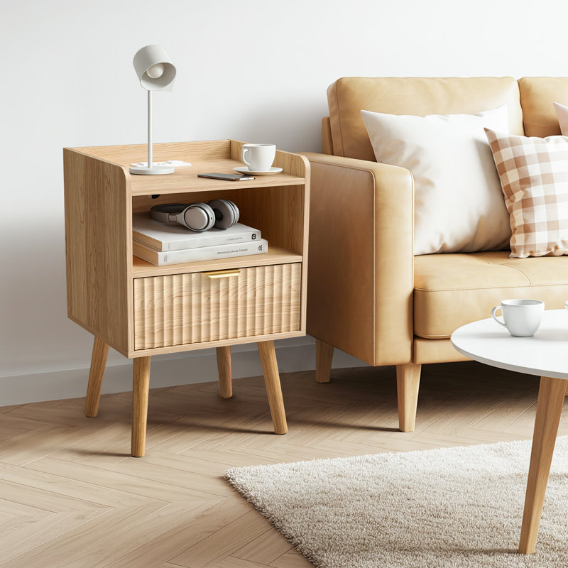  1 - Drawer Nightstand With Charging Station, Modern End Table With Open Compartment (Set Of 2), Beige