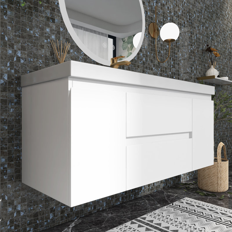 Ensemble de meuble-lavabo mural 48 po en panneau de fibres à densité moyenne avec lavabo intégré en résine