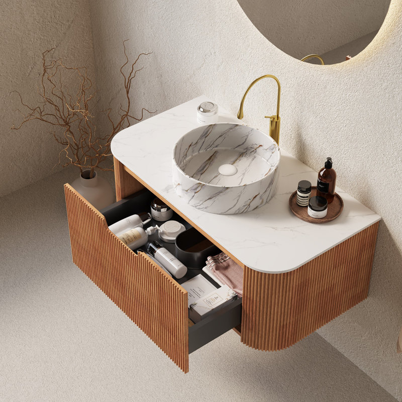 Meuble-lavabo mural avec lavabo, Bois naturel, 36"