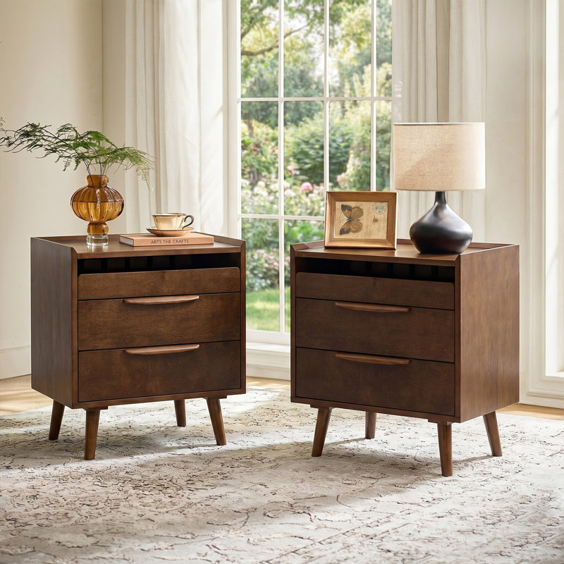 Sebrina Mid-century Modern 24''W 3-Drawer End Table with Charging Station and Solid Wood Legs, Walnut