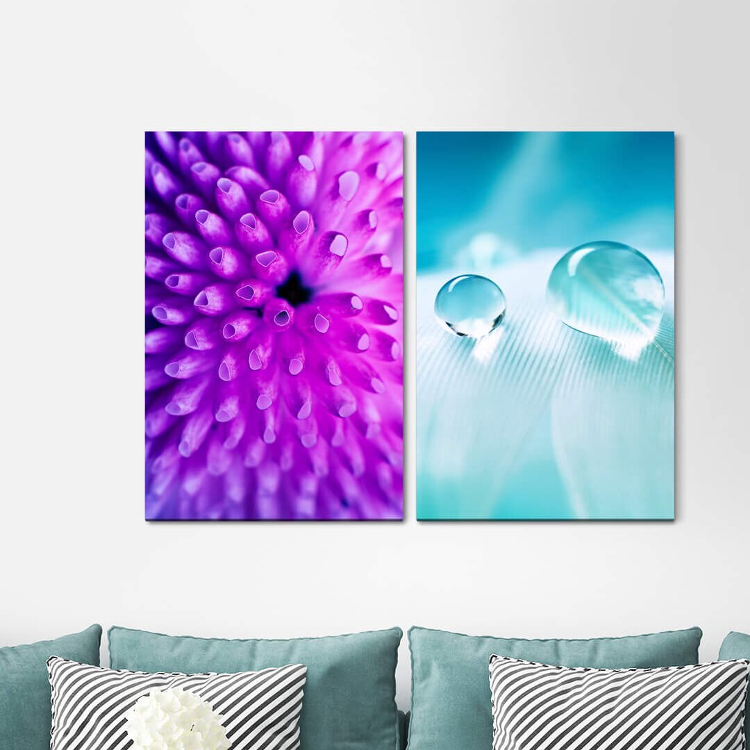 2-tlg. Leinwandbilder-Set Coral Water Drops Feather Light Violet