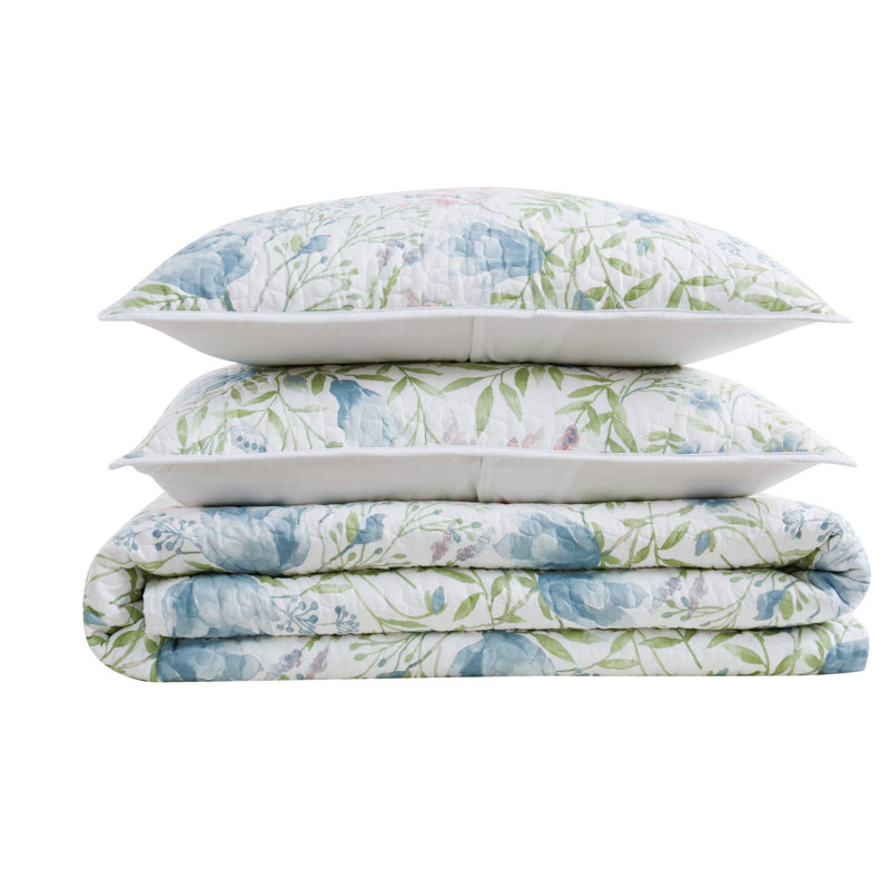 Field Blue/Green/Pink Reversible Quilt Set, Queen Quilt + 2 Standard Shams