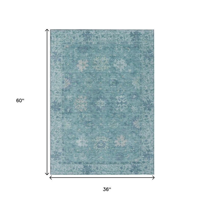 Tapis intérieur/extérieur lavable, 90 x 150 cm, bleu sarcelle et turquoise pâle à motifs floraux
