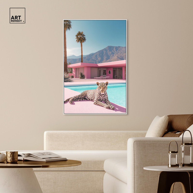 Art Remedy, toile d'art moderne tigre, maison rose léopard, H 55 po x l 37 po, Cadre flottant blanc