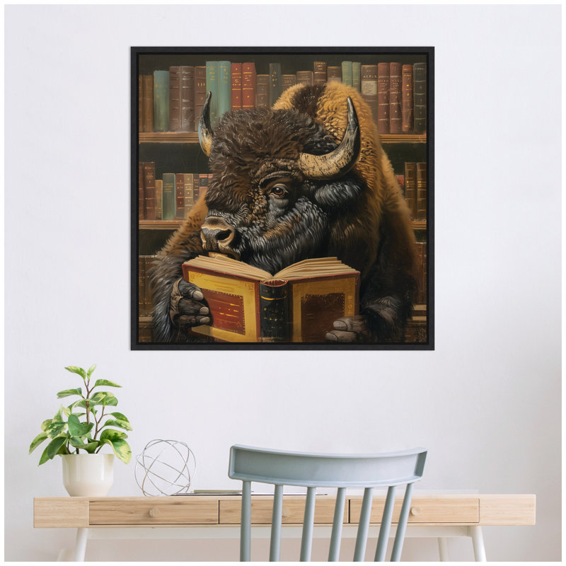 «Traditional Buffalo Reading in Library» par The Creative Bunch Studio, reproduction d'art sur toile encadrée, Noir mat