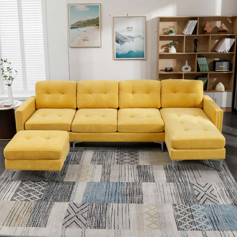 Jiuliana Upholstered Sectional Reversible, Yellow Velvet, Silver
