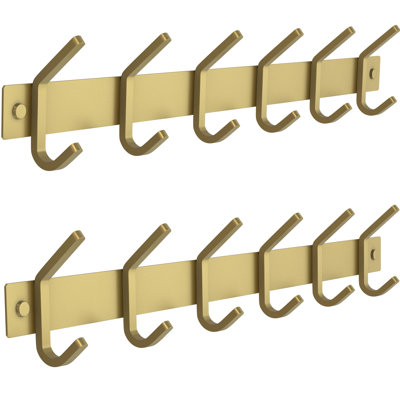 Brushed Gold Wall Mounted Coat Rack – 17 Inch Stainless Steel Rail With 6 Double Coat Hooks For Entryway, Bathroom, Bedroom, Kitchen – Modern Gold Hook Rack For Coats, Hats, Towels - 2 Pack