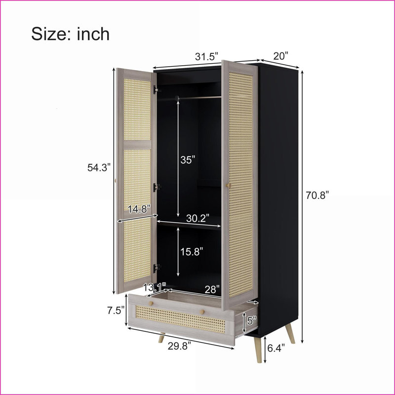 Commodes et amp; Garde-robe, garde-robe Boho de 70,8 po de hauteur avec 2 portes en rotin, 1 tiroir et Tige suspendue | Naturel + noir | Panneau de particules