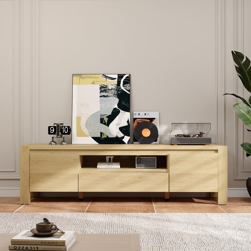 Meuble télé 63 pouces avec portes et armoire Farmhouse, H 62,99 po x L 55,12 po x l 15,75 po, Bois naturel