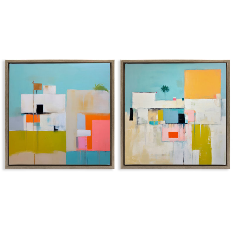 Ensemble de 2 toiles abstraites encadrées par Irena Orlov, Cadre flottant orme Montalcino, H 25 po x l 25 po